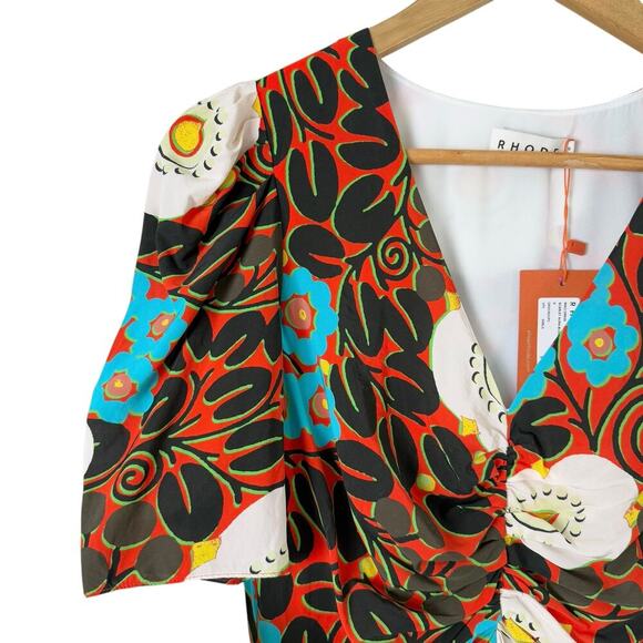 NWT‎ Rhode Maci Floral Print Midi Dress Orange Black Cream Blue, Size 0 - Picture 6 of 13